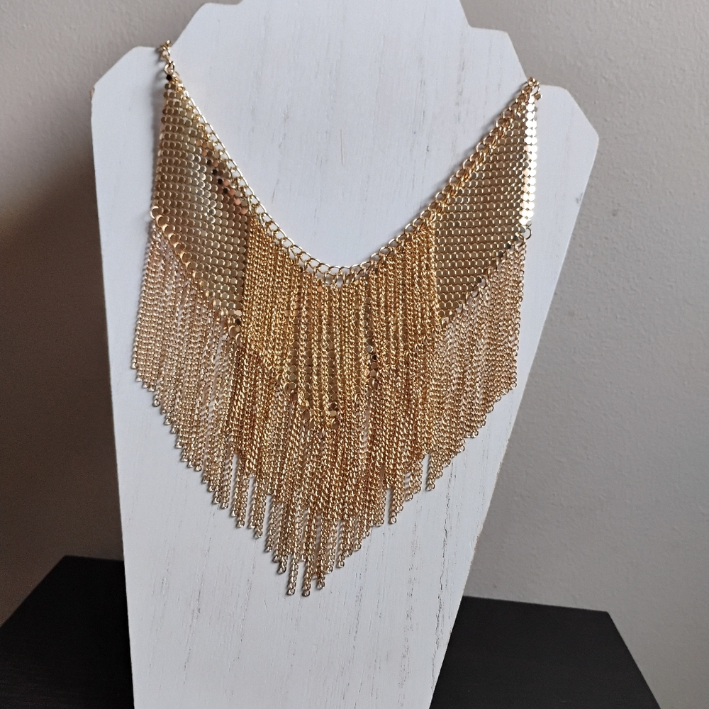 Beautiful Gold Metal Mesh & Chain Statement Collar Bib Necklace